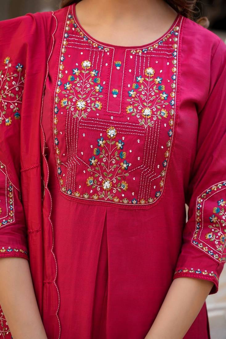 Embroidered viscose silk kurta with pant & dupatta set for women