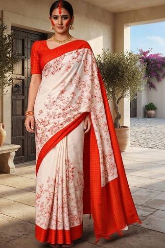 Off white kalamkari silk blend saree