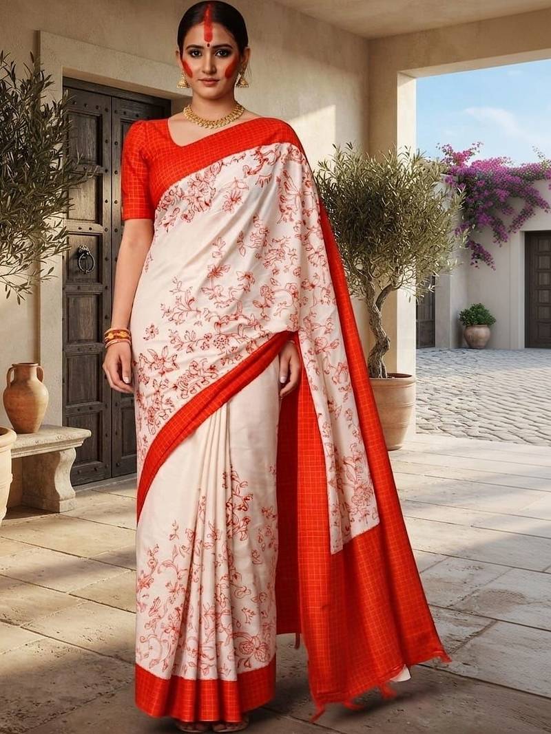 Off white kalamkari silk blend saree