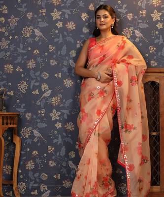 Peach floral printed organza embellished border saree 1