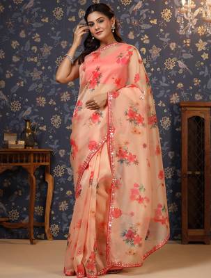 Peach floral printed organza embellished border saree 2