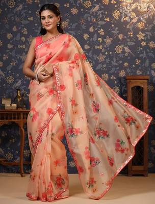 Peach floral printed organza embellished border saree 3