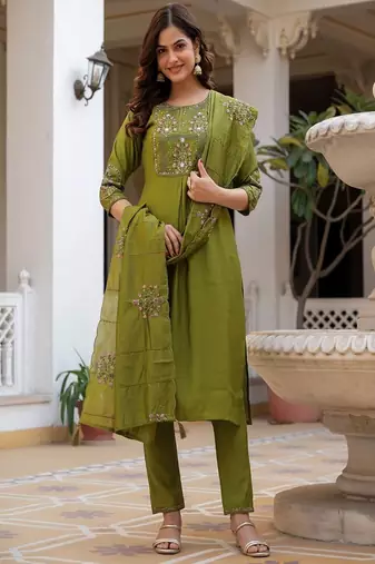Embroidered viscose silk kurta with pant & dupatta set for women