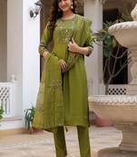 Embroidered viscose silk kurta with pant & dupatta set for women