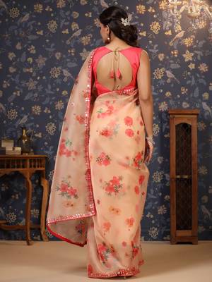 Peach floral printed organza embellished border saree 5