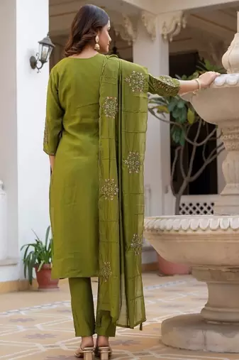 Embroidered viscose silk kurta with pant & dupatta set for women
