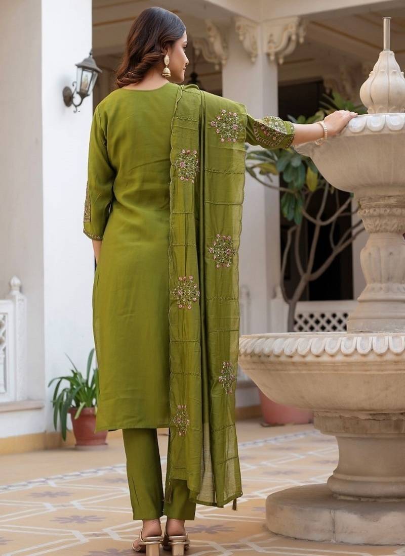 Embroidered viscose silk kurta with pant & dupatta set for women