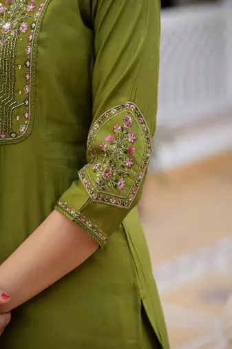 Embroidered viscose silk kurta with pant & dupatta set for women