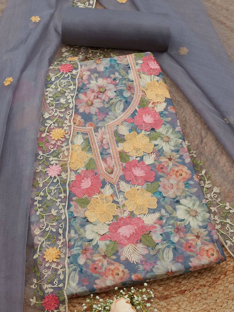 floral printed thread work chanderi unstitched dress material