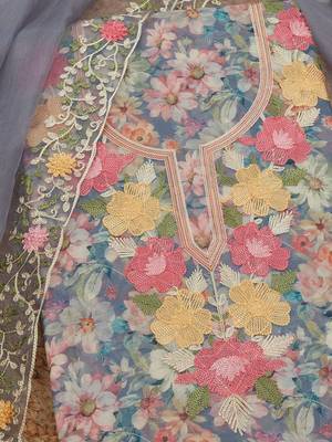 floral printed thread work chanderi unstitched dress material 2