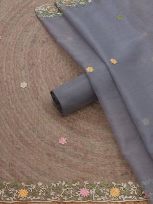 floral printed thread work chanderi unstitched dress material 4