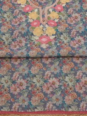 floral printed thread work chanderi unstitched dress material 5