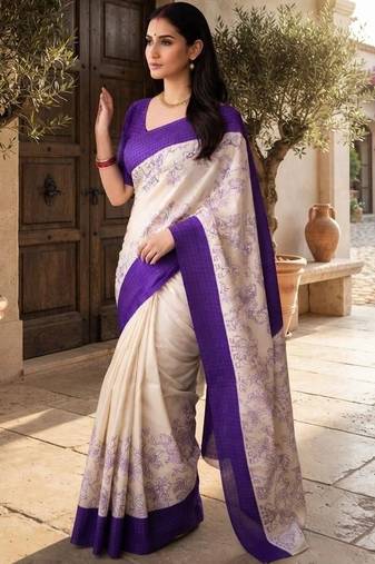 White floral silk blend saree