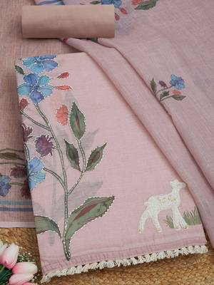 floral printed thread work unstitched dress material 1