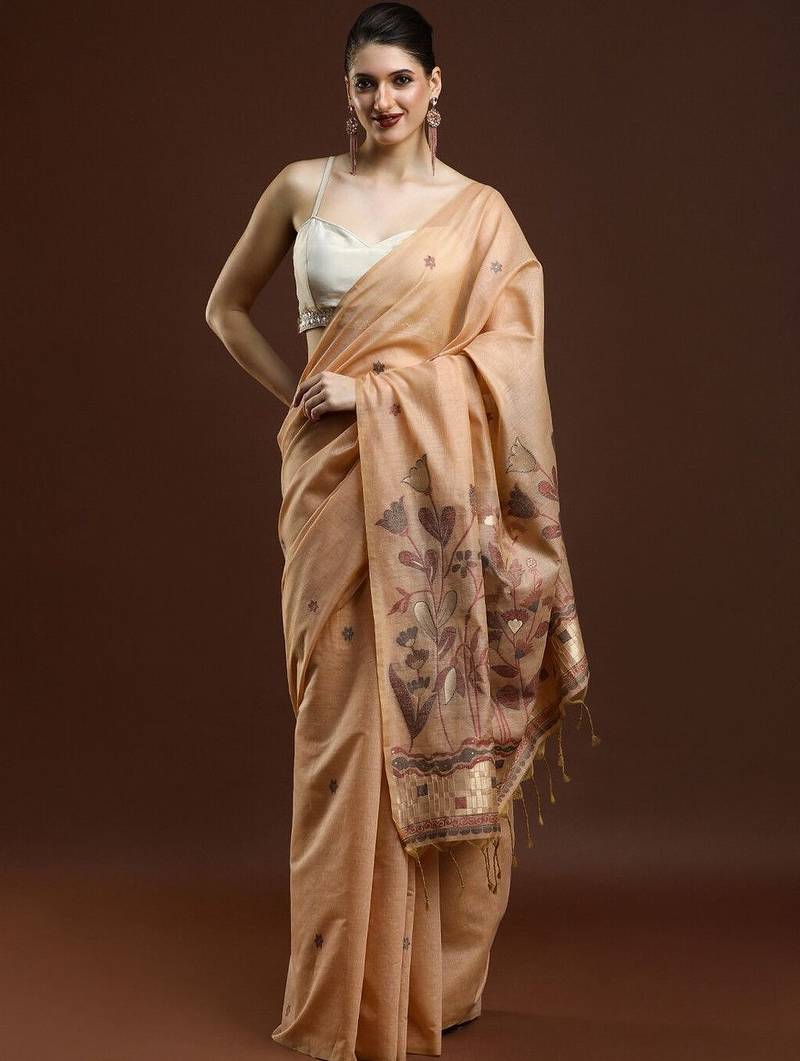 Beige woven design saree with blouse