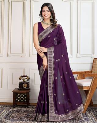 Purple cadberry embroidered saree with unstitched blouse 1