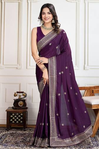 Purple cadberry embroidered saree with unstitched blouse