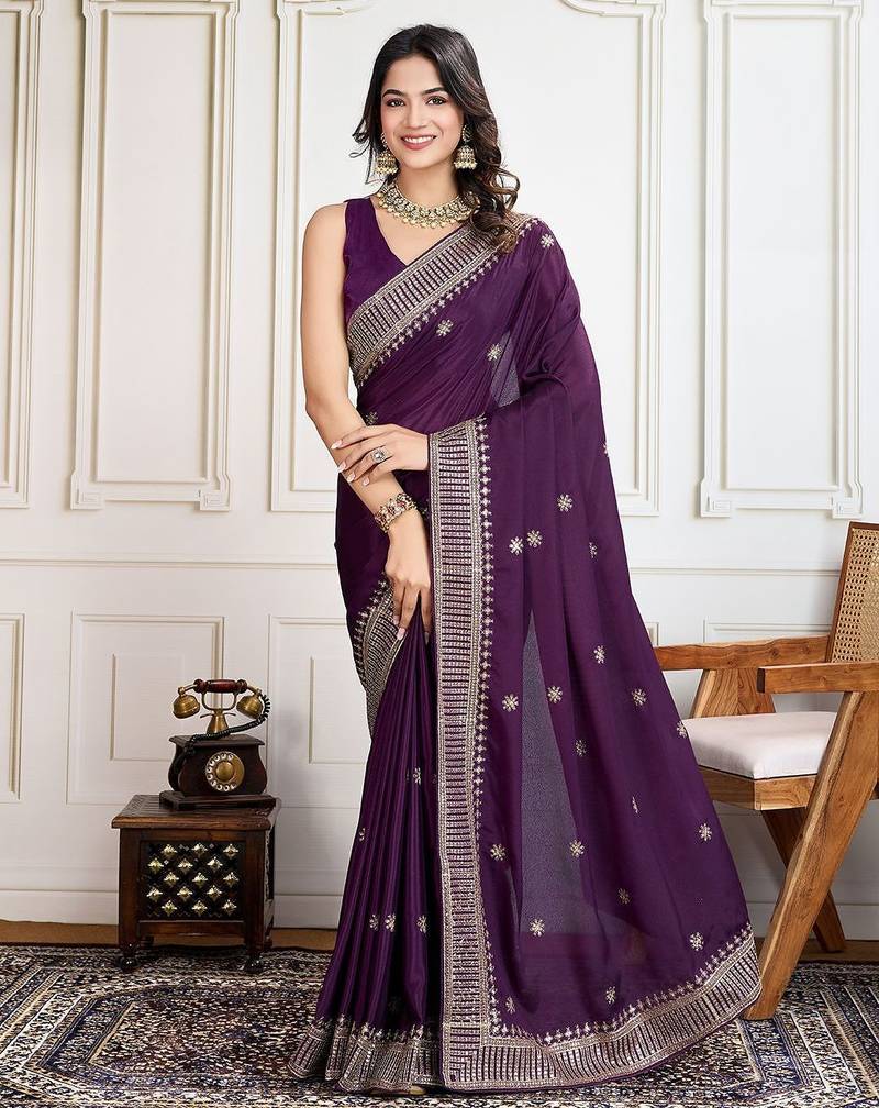 Purple cadberry embroidered saree with unstitched blouse