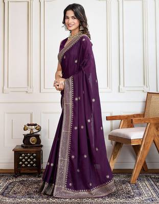 Purple cadberry embroidered saree with unstitched blouse 2