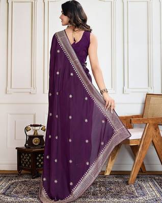 Purple cadberry embroidered saree with unstitched blouse 3