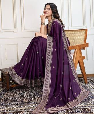 Purple cadberry embroidered saree with unstitched blouse 4