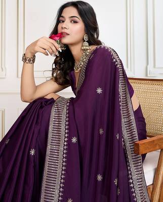 Purple cadberry embroidered saree with unstitched blouse 5