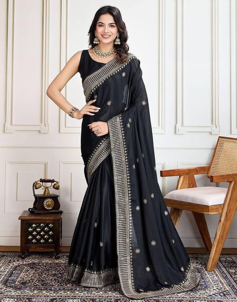 Black cadberry embroidered saree with unstitched blouse