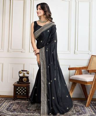 Black cadberry embroidered saree with unstitched blouse 2