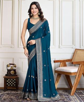 Teal cadberry embroidered saree with unstitched blouse 1