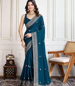 Teal cadberry embroidered saree with unstitched blouse