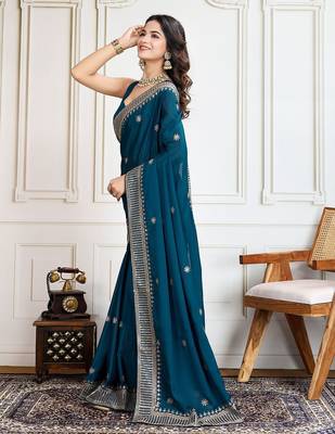 Teal cadberry embroidered saree with unstitched blouse 2