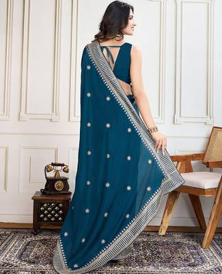 Teal cadberry embroidered saree with unstitched blouse 3