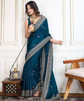 Teal cadberry embroidered saree with unstitched blouse 4
