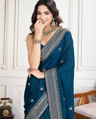 Teal cadberry embroidered saree with unstitched blouse 5