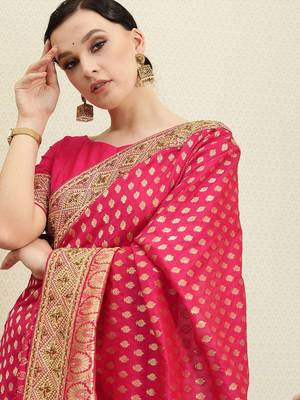 Magenta magenta & gold-toned ethnic motifs sequinned silk blend banarasi saree 1