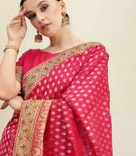 Magenta magenta & gold-toned ethnic motifs sequinned silk blend banarasi saree