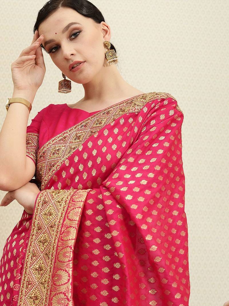 Magenta magenta & gold-toned ethnic motifs sequinned silk blend banarasi saree
