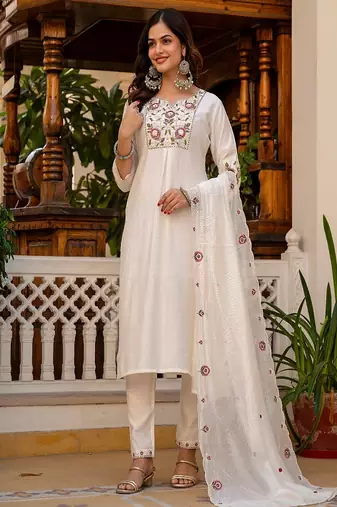Embroidered viscose silk kurta with pant & dupatta set for women