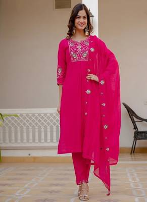 Embroidered viscose silk kurta with pant & dupatta set for women 1