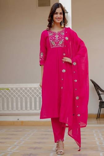 Embroidered viscose silk kurta with pant & dupatta set for women