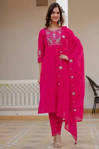 Embroidered viscose silk kurta with pant & dupatta set for women