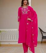 Embroidered viscose silk kurta with pant & dupatta set for women