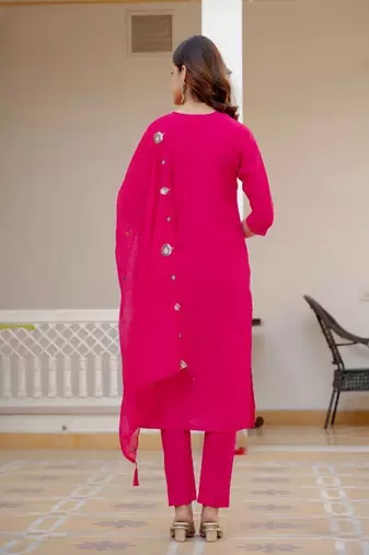 Embroidered viscose silk kurta with pant & dupatta set for women