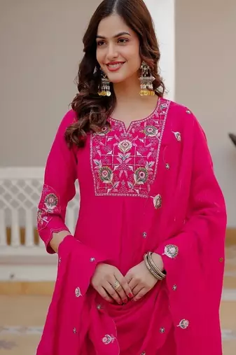 Embroidered viscose silk kurta with pant & dupatta set for women