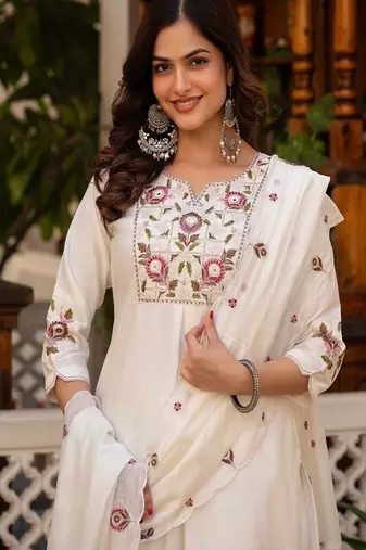 Embroidered viscose silk kurta with pant & dupatta set for women