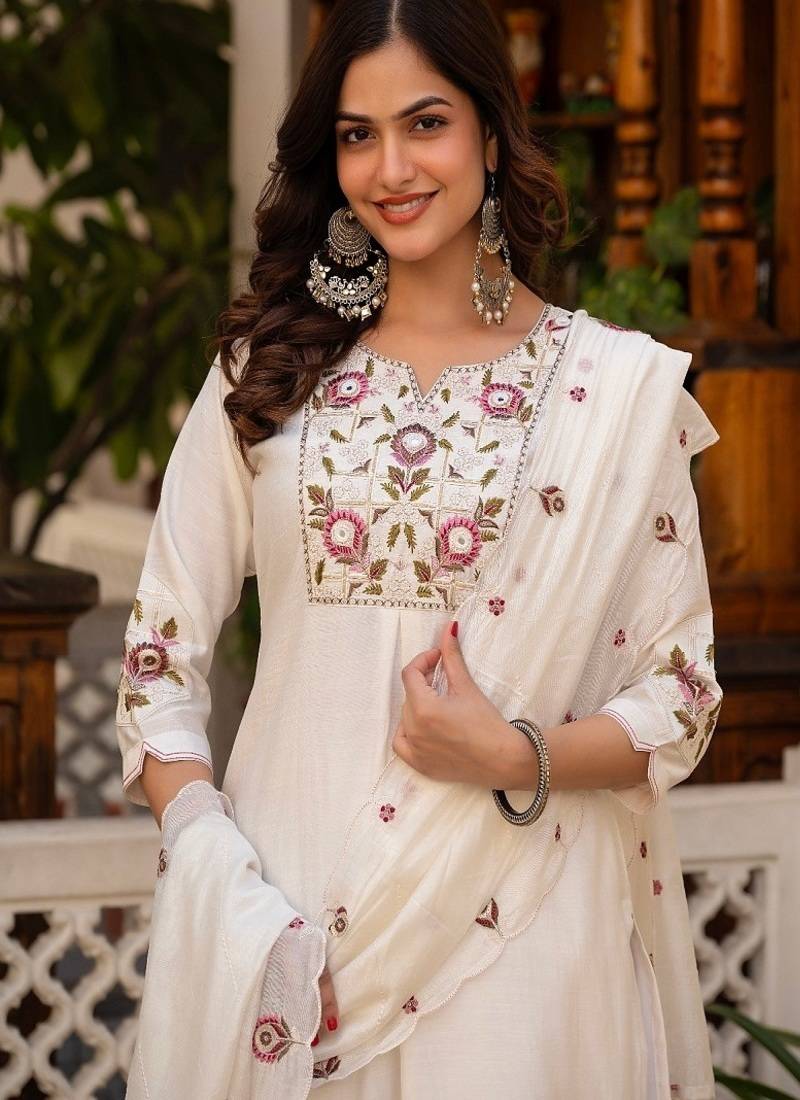 Embroidered viscose silk kurta with pant & dupatta set for women