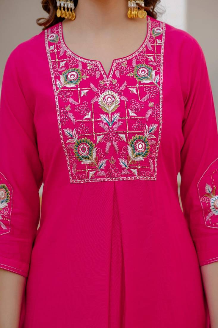 Embroidered viscose silk kurta with pant & dupatta set for women