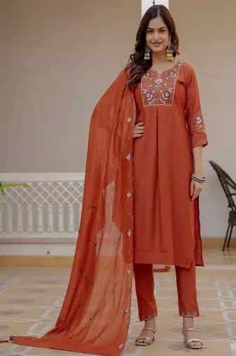 Embroidered viscose silk kurta with pant & dupatta set for women