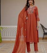 Embroidered viscose silk kurta with pant & dupatta set for women