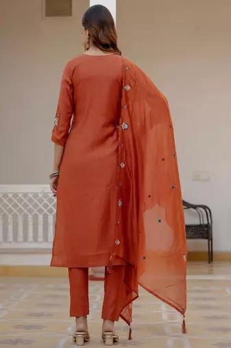 Embroidered viscose silk kurta with pant & dupatta set for women
